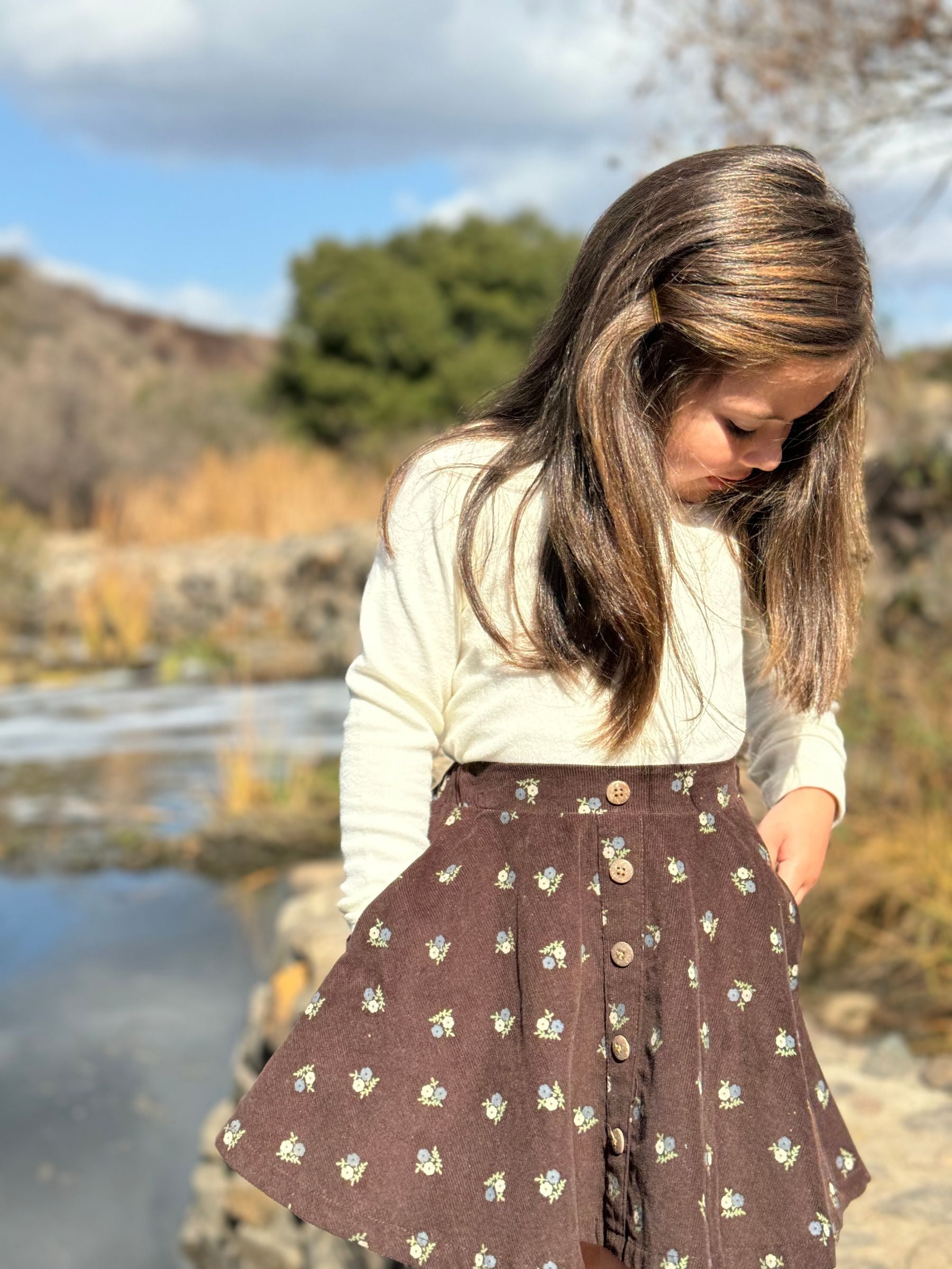 Cara Skirt | Chocolate Floral Corduroy | Vignette