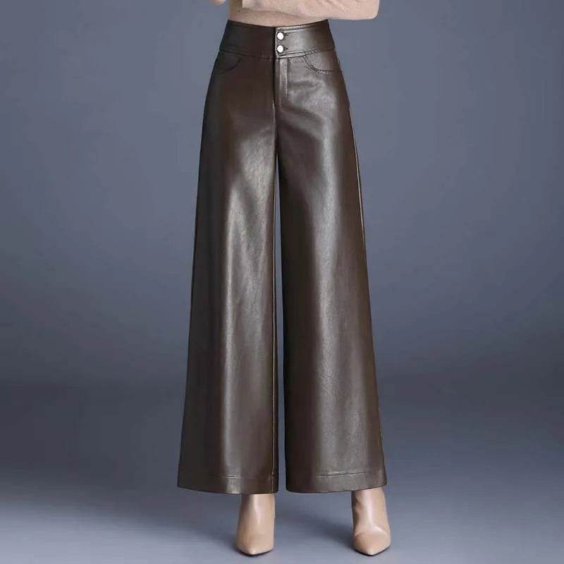 High Waist Thick Loose Big Leg Straight All-matching Wide Leg Leather trouser Pants For Women