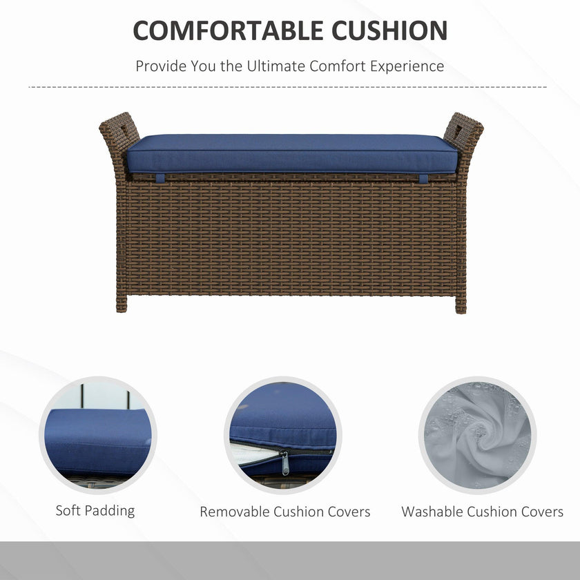 Outdoor Patio Wicker Storage Bench, 2-In-1 Rattan Patio Furniture, 29 Gal Storage Box w/ Cushion, Dark Blue