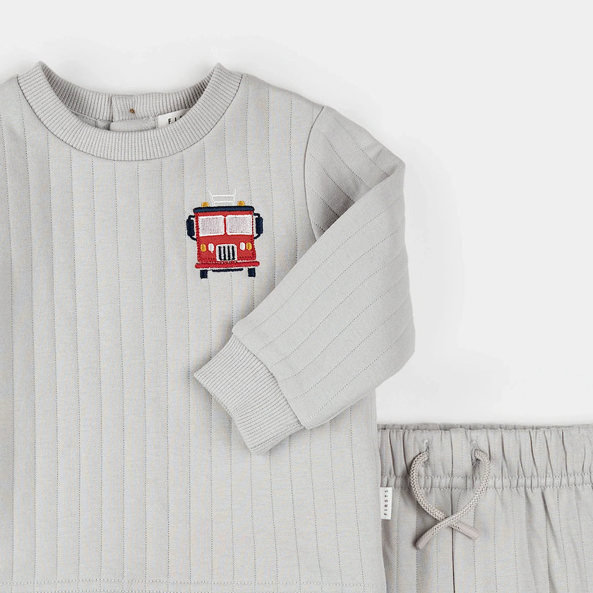 2 PC Quilted Jersey Set | Fire Truck Print on Grey | Petit Lem
