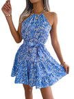 Spring Summer European And American Mini Tie belt summer Sundress Floral Halter neck dress