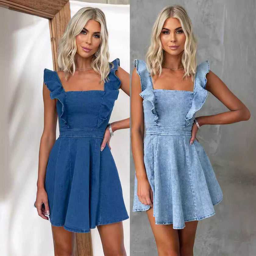 Women's Fashion Casual Denim Mini flared Dress