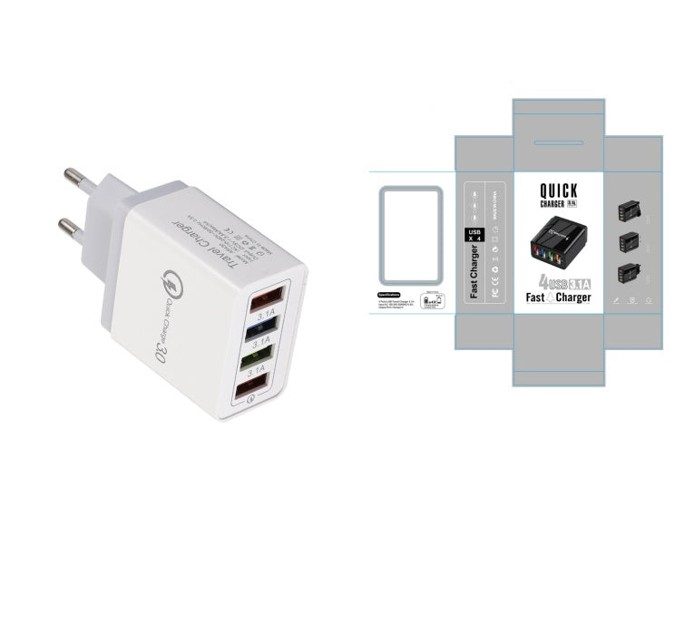 4-Port USB Wall Charger with Quick Charge 3.0 – EU, UK & US Plug | Multi-Colour