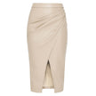 Women Formal Work Office Business High Waist Front Slit Midi Leather Skirt