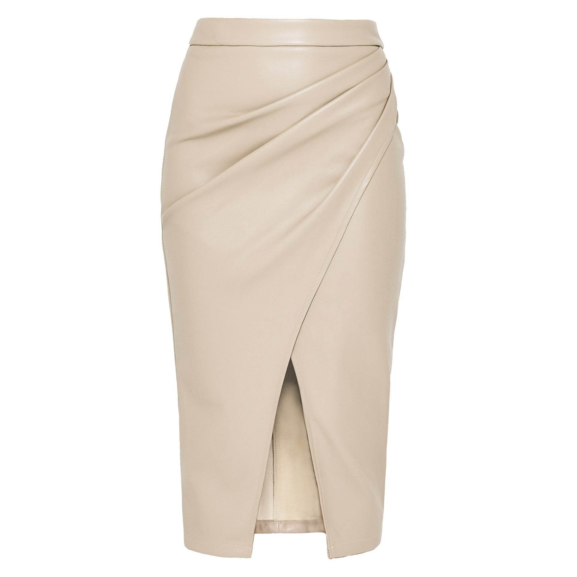 Women Formal Work Office Business High Waist Front Slit Midi Leather Skirt