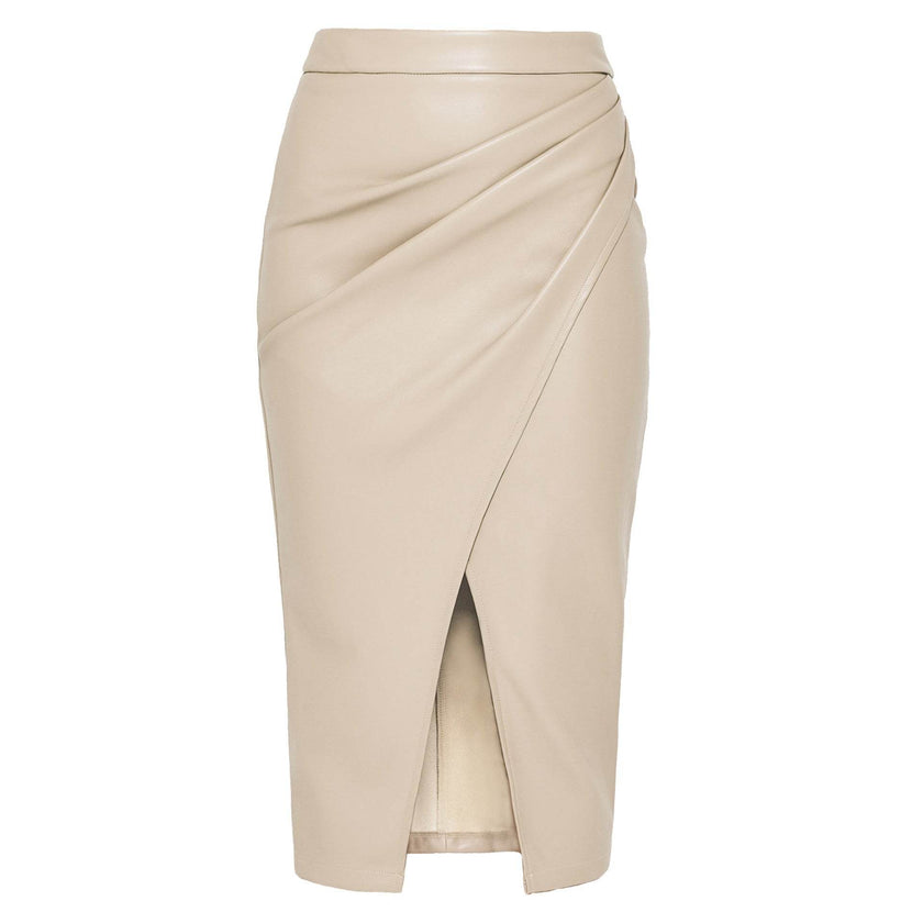 Women Formal Work Office Business High Waist Front Slit Midi Leather Skirt
