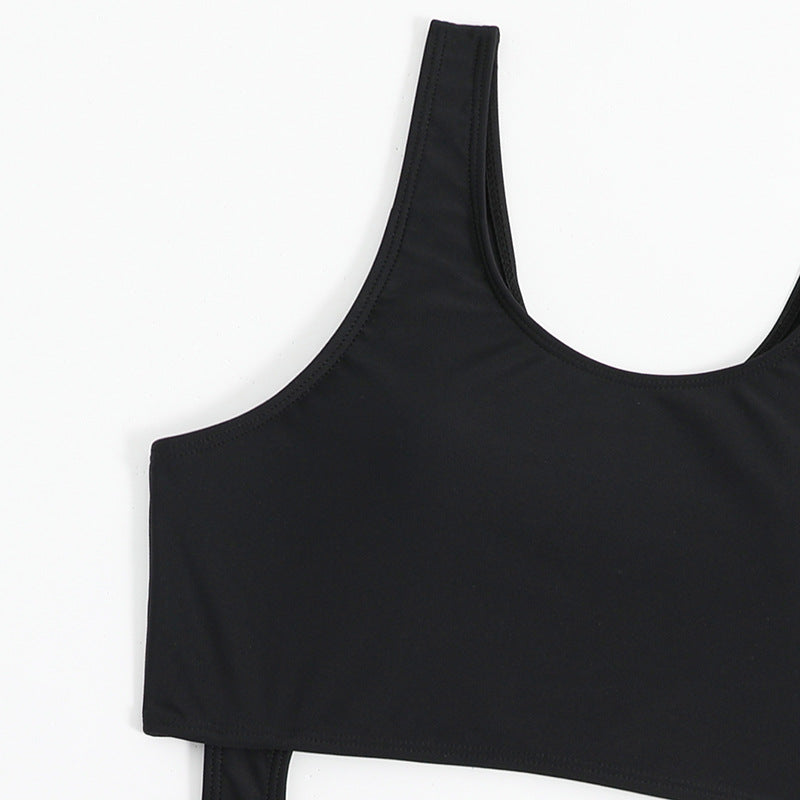 Women's Waist Hollow-out One-Piece Swimsuit | Black Nylon Spandex Swimwear S-L
