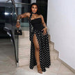 Women's Polka-Dot Halterneck Slip Dress | High Slit, Ribbon Tie, Summer Maxi