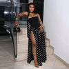 Women's Polka-Dot Halterneck Slip Dress | High Slit, Ribbon Tie, Summer Maxi