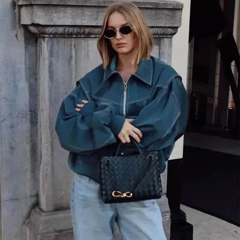 Oversized Fashion Zip-up Lapel Leather Jacket for women