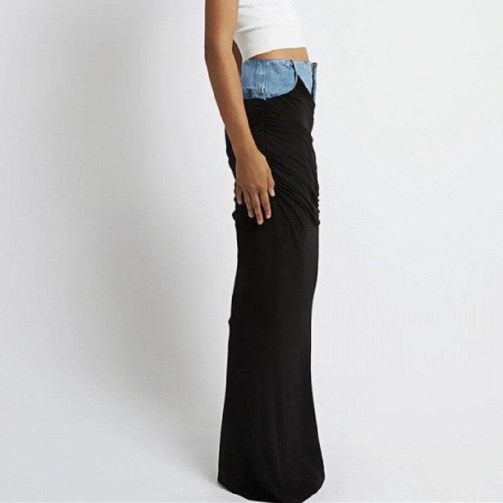 Fashion Black Panel Long Pencil Denim Skirt