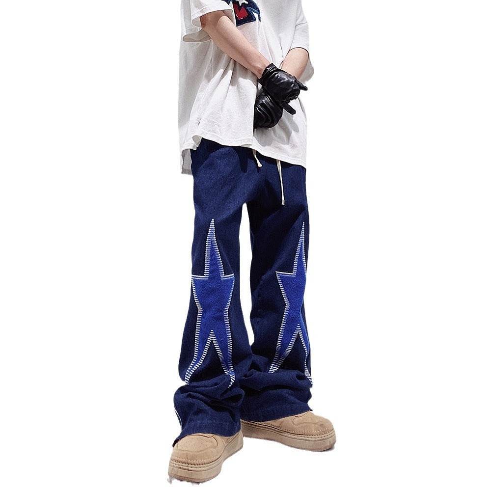 Five-pointed Star Embroidery Denim Horn Loose Straight Casual All-match Mop Jeans Baggy Trousers Men