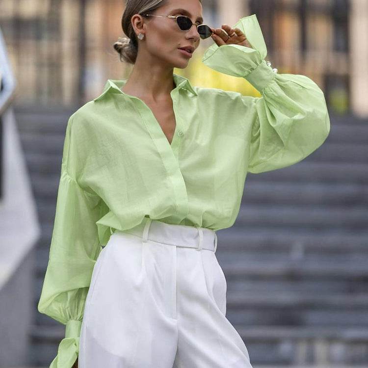 Loose Lapel Lantern Long Sleeves Blouse Shirt For Women