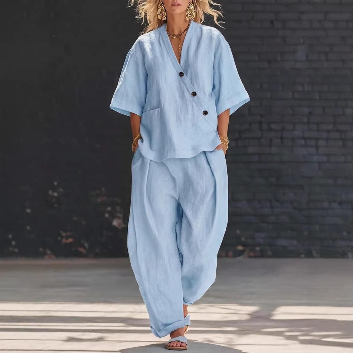 Women's Cotton Linen 2 Piece Outfit V-Neck Top & High-Waist Trousers