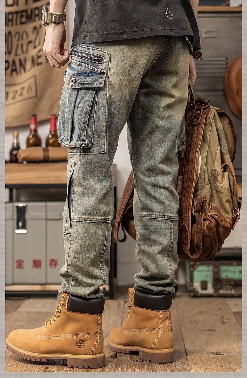Sprin Autumn Retro Slim Fit Straight Leg Casual Distressed Denim Jeans Cargo Pant Men