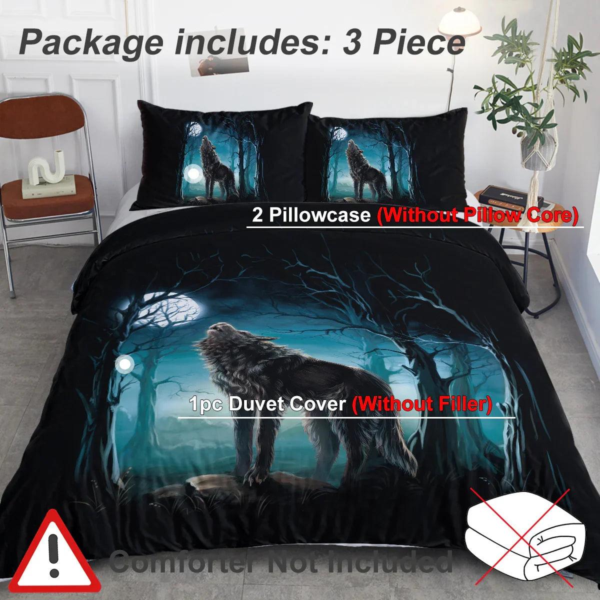 Moon Wolf Duvet Cover Set – Green Watercolor Forest Wolf Bedding | 3-Piece Microfiber | Twin Full King
