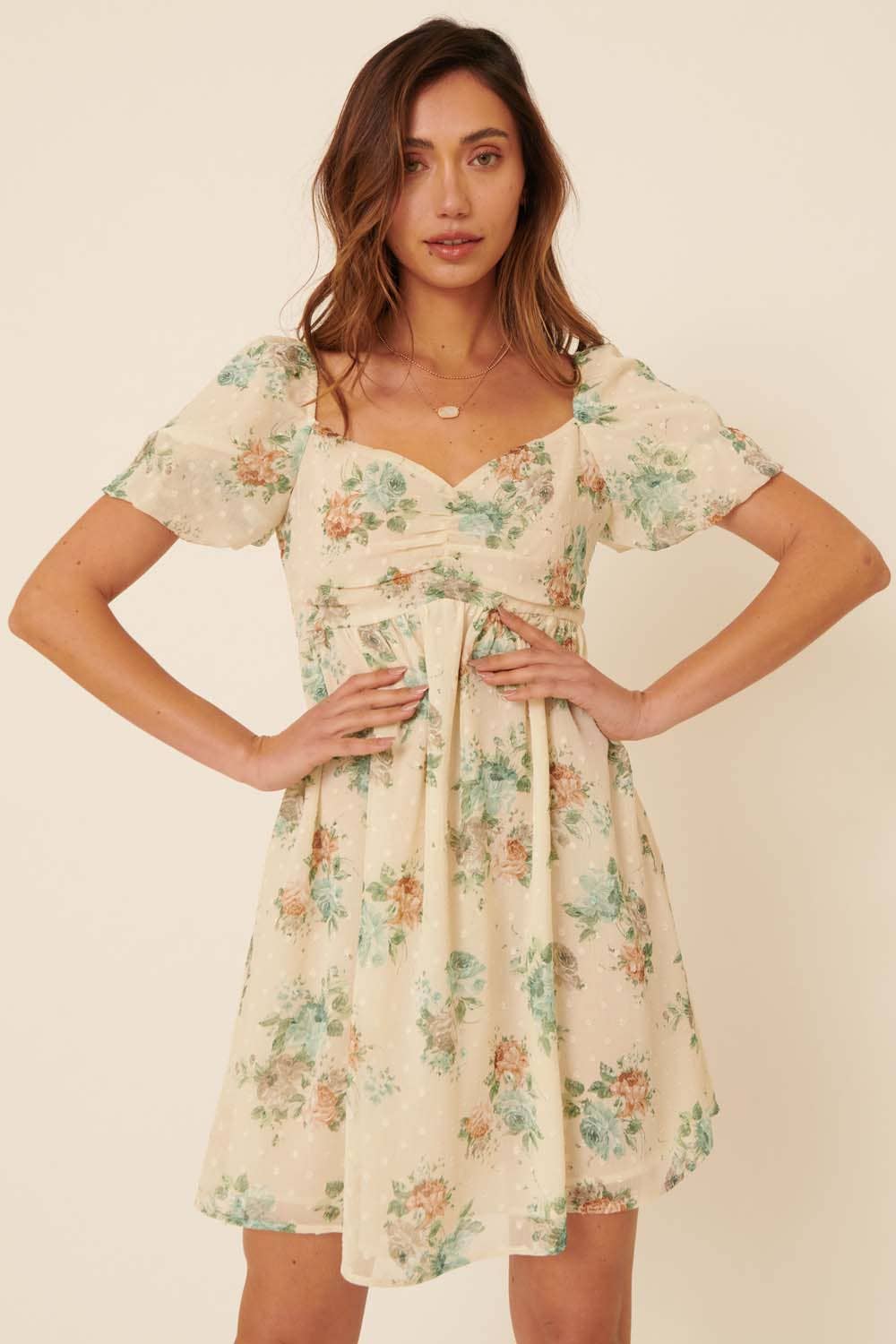 Floral Swiss Dot Sweetheart Smock Back Mini Dress