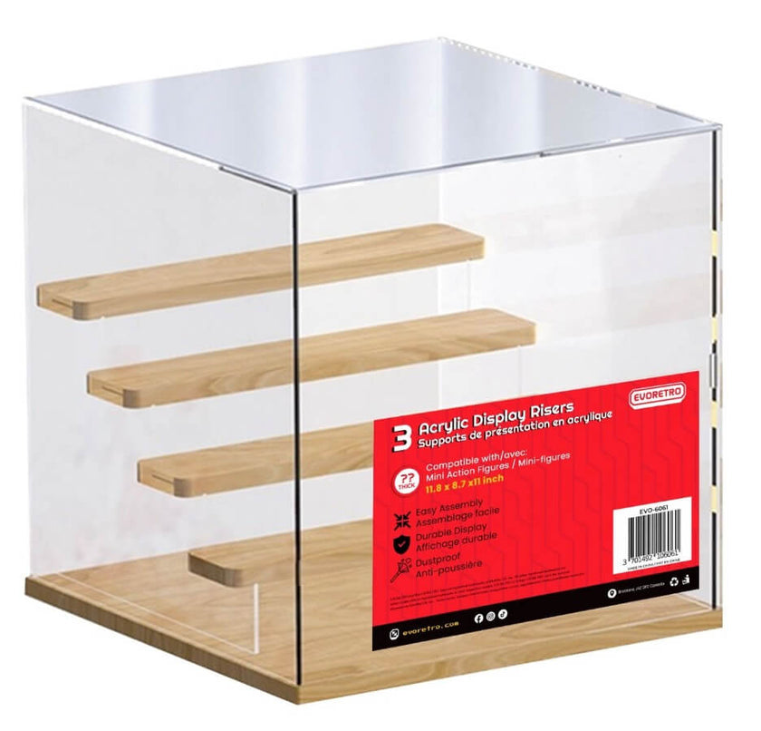 5-Tier EVORETRO Acrylic Display Case – 32.2 x 32 x 32 cm | Crystal Clear Visibility, Wooden Shelves