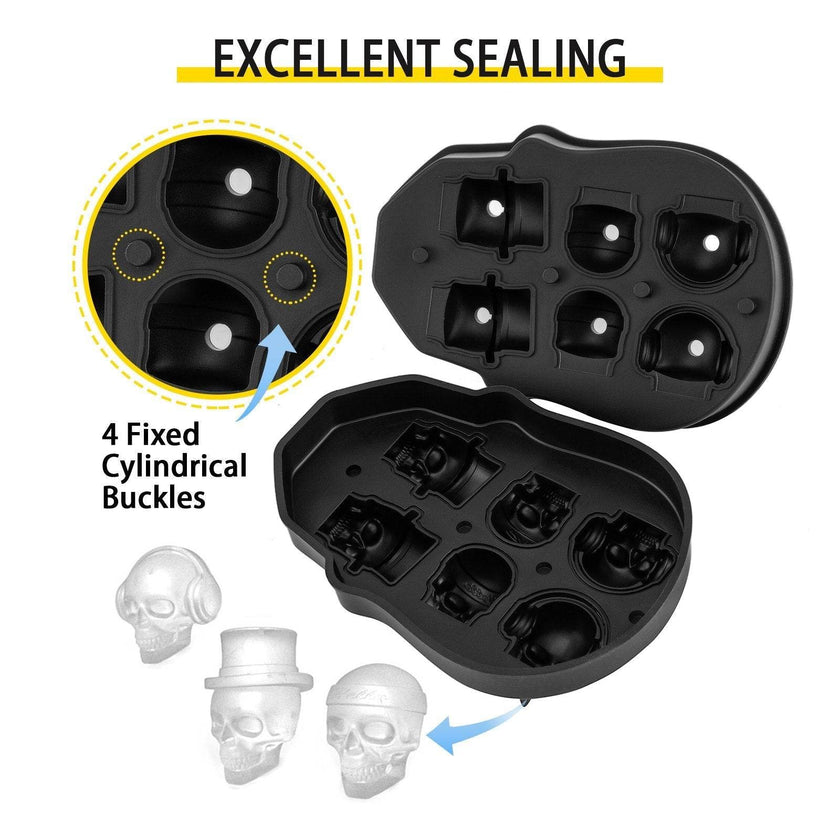 Skull Ice Cube Tray, 6-Grid Skull Ice Ball Maker, Flexible Black Silicone Ice Tray With Lid & Funnel, Skull Ice Cubes In 3 Distinct Patterns For Beverages & Chocolates On Parties & Holidays