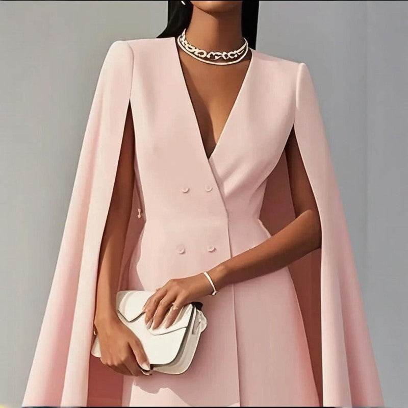 Formal V Neck Double-Breasted Mini Cape Sleeve Dress for Women