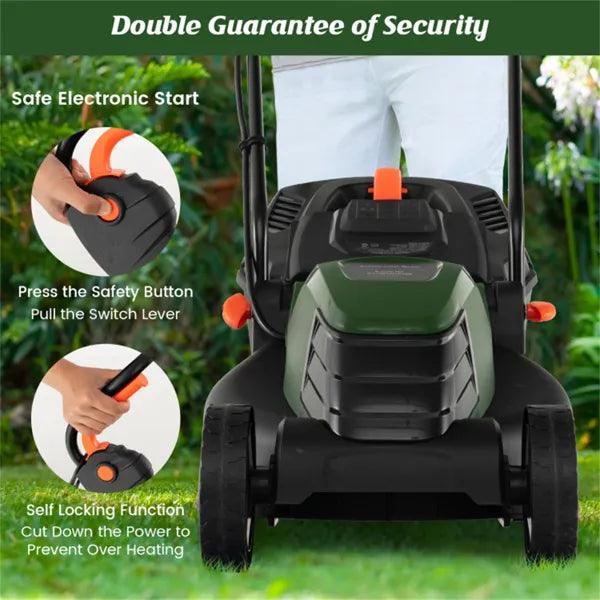 12 Ampere 13.5 Inch Electric Rope Lawn Mower With Dual Safety Switches -Green