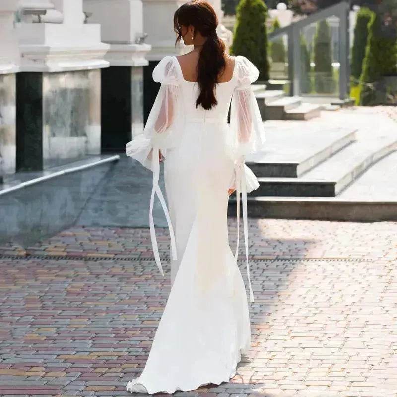 Women's Ruffled Long Sleeve Banquet Temperament High Waist Mop White Wedding  Party Fish Tail Styled  Dress Mermaid Dress