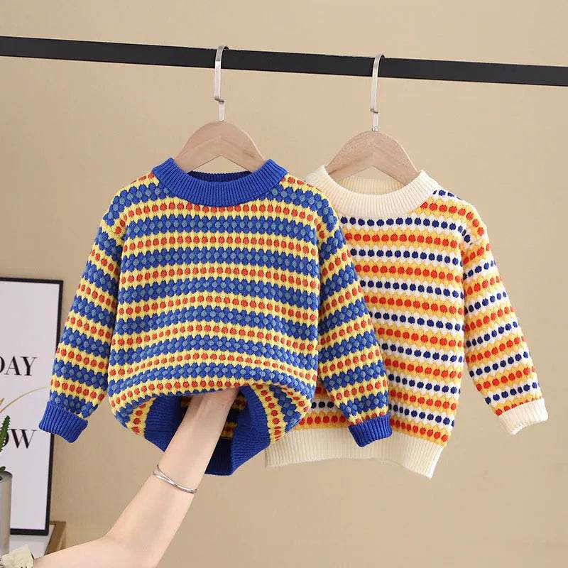 Kids Rainbow Stripe Pullover Sweater, Round Neck Knit Top