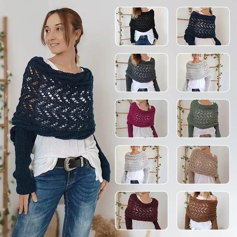 Autumn And Winter Warm Knitted Shawl top Women's Hollowed-out Double Sleeve