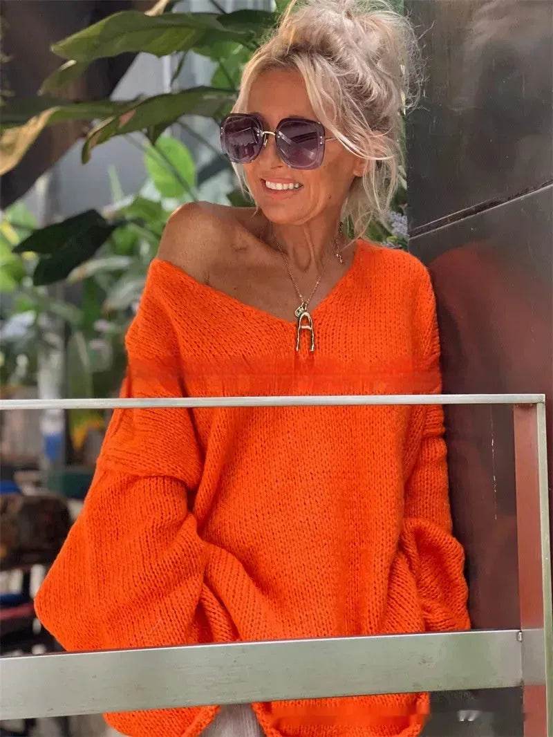 Women's Fashion V-neck Long-sleeve Knitwear 2-color Sweater dress