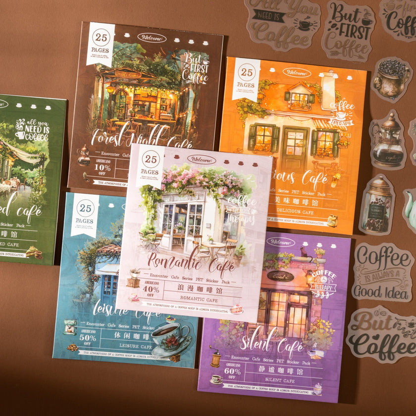 Cafe Series PET Decorative Sticker Pack – Retro Coffee Shop Journal & Scrapbook Stickers (25 pcs)