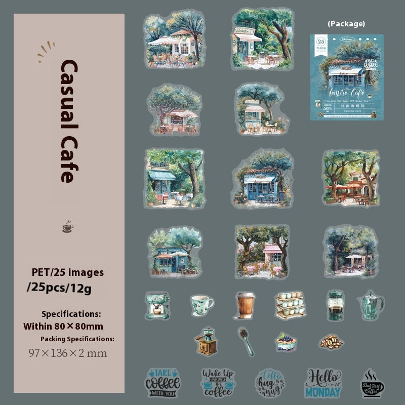 Cafe Series PET Decorative Sticker Pack – Retro Coffee Shop Journal & Scrapbook Stickers (25 pcs)