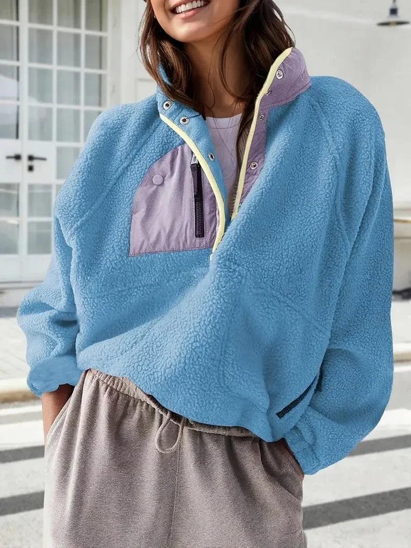 Women's Fashion Sweatshirt Fleece Stand Collar Zipper Pocket Top