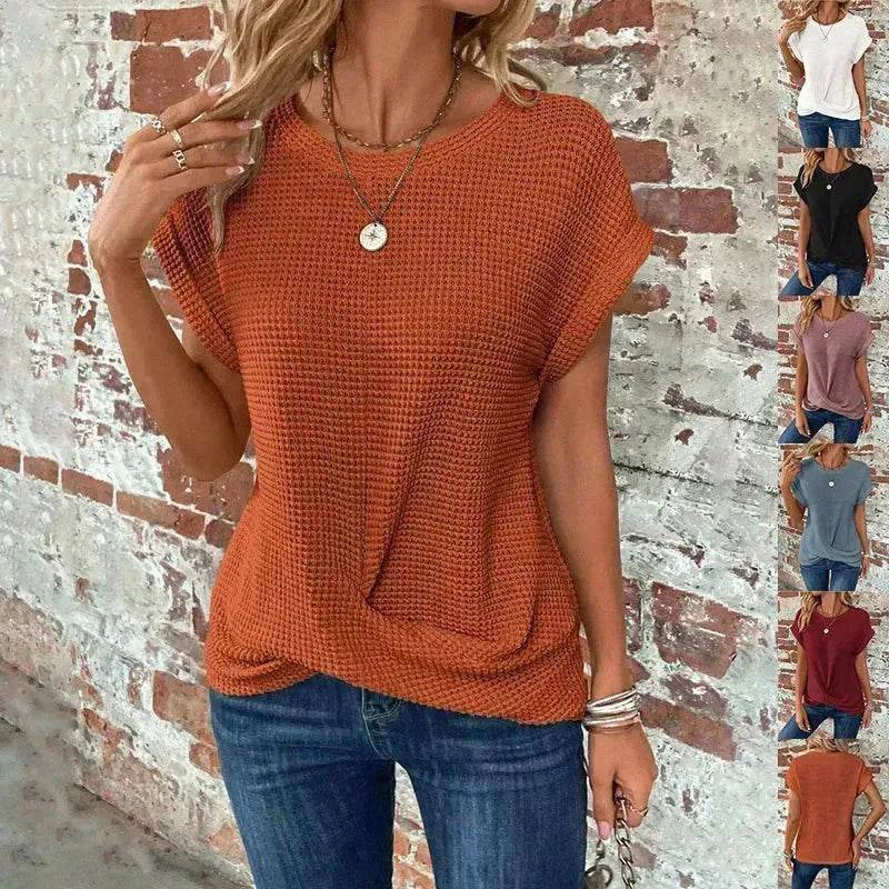 Casual Summer Short-sleeved Waffle blouse Top Summer New Solid Color Casual Evening Top For Women