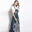 Embroidered Lace Denim Midi Jumper Dress European and American Style