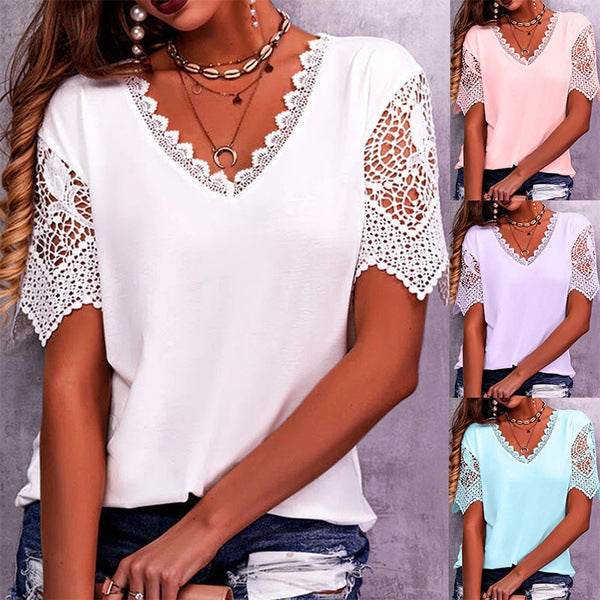 Summer Lace Tops Loose V Neck Short Sleeve Casual top
