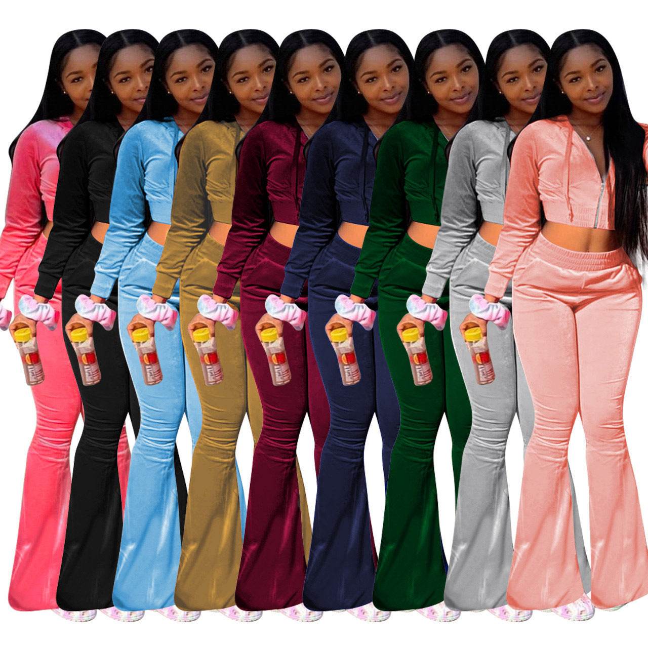 Women 2pcs Velvet Hoodie Wide leg Pant Crop top sweatsuit Athleisure Outfit