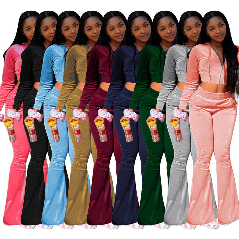 Women 2pcs Velvet Hoodie Wide leg Pant Crop top sweatsuit Athleisure Outfit