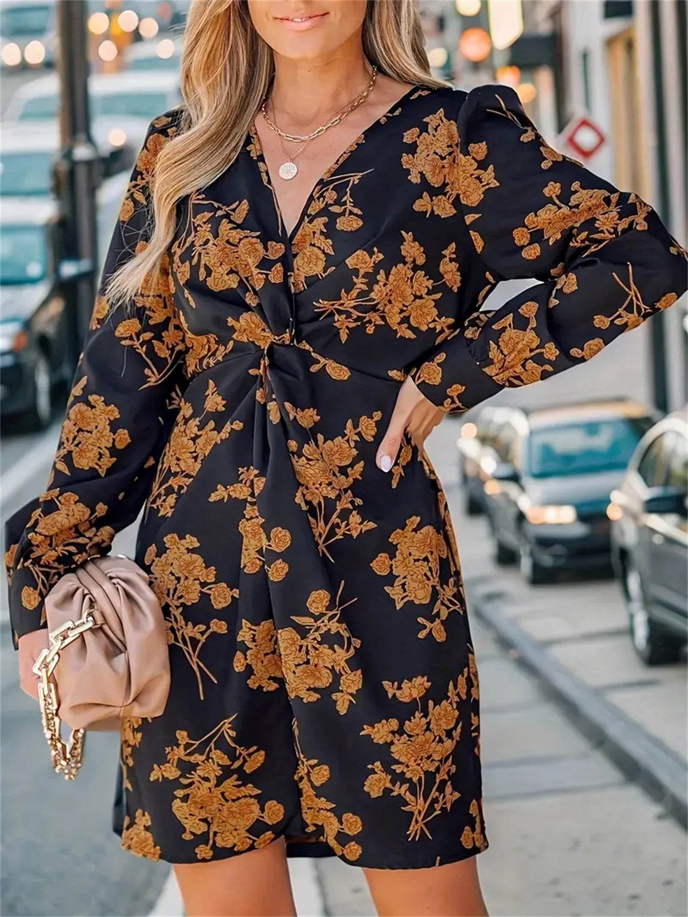 Casual Spring V-neck long sleeve Floral mini dress