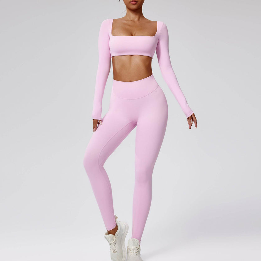 Quick-drying Nude Feel Running Sports Workout Yoga Clothes 2pcs set Long sleeve Crop top and High Waist Pant