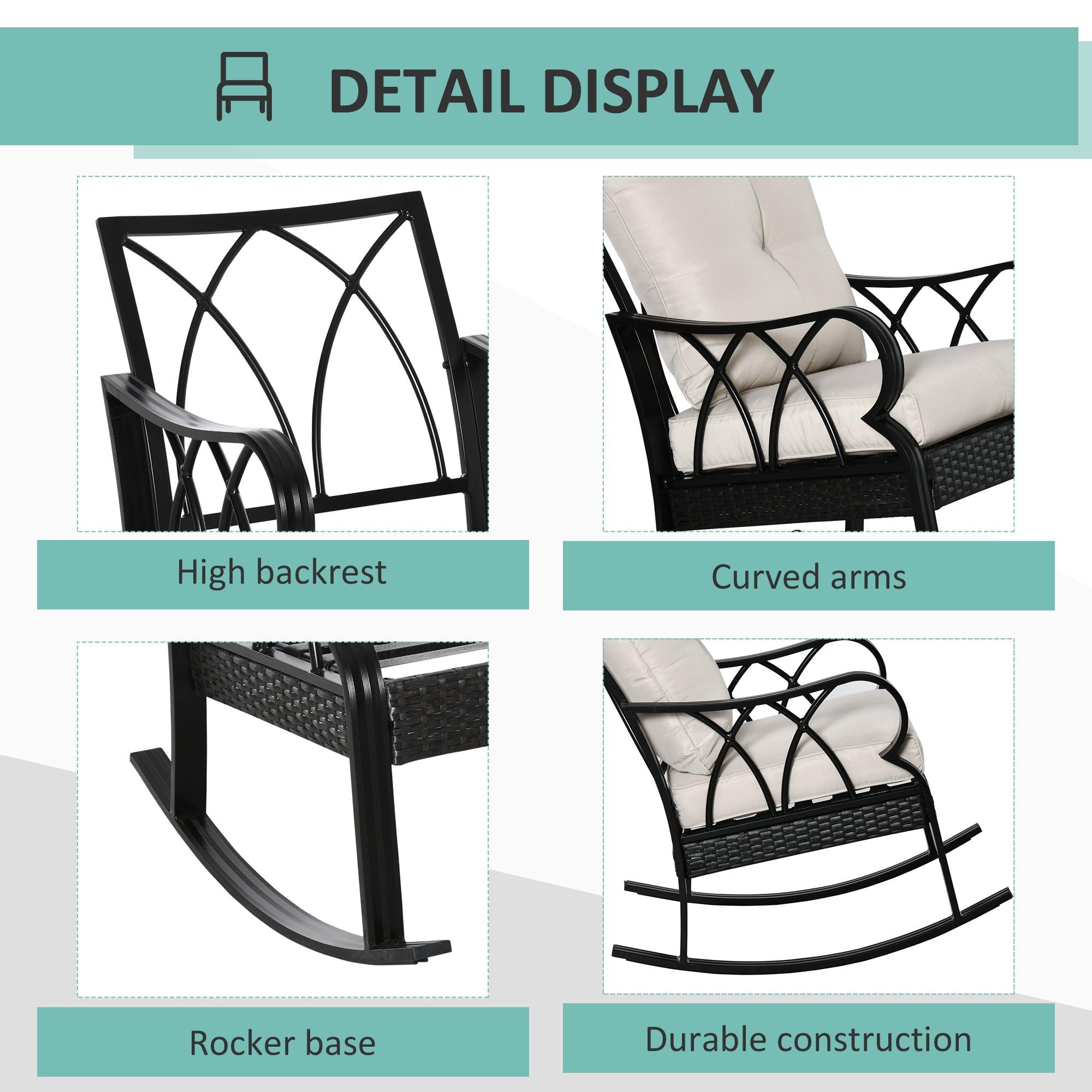 Outdoor Wicker Rocking Chair With Padded Cushions, Aluminum Furniture Rattan Porch Rocker Chair W/ Armrest For Garden, Patio, And Backyard, Khaki