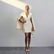 Elegant Cape Blazer Mini Dress For Women, Luxury Double-Breasted V-Neck Formal Dress With Structured Shoulders & Flowing Cape Sleeves.