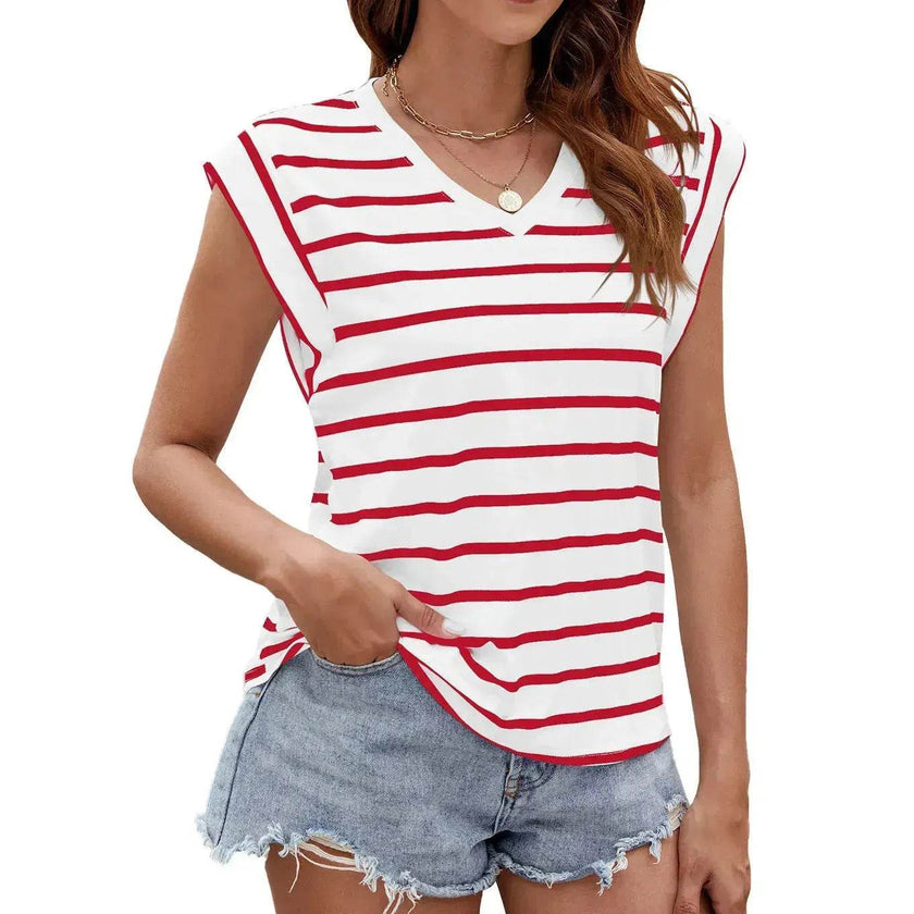 Fashion Stripe Print V-neck Short-sleeved T-Shirt Summer Loose Casual top for Women