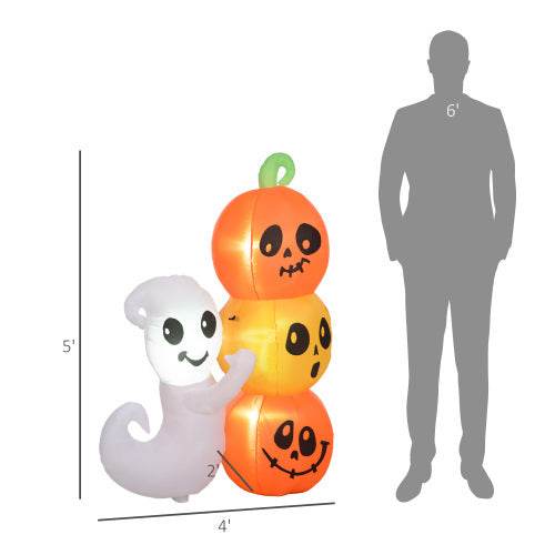 HOMCOM 5ft Inflatable Halloween Decoration Ghost And Pumpkin, Blow Up Outdoor LED Yard Display, Waterproof