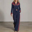 Women's Western Colorblock Lapel Shirt & Wide-Leg Pants Two-Piece Set – Navy Blue | Canada & USA