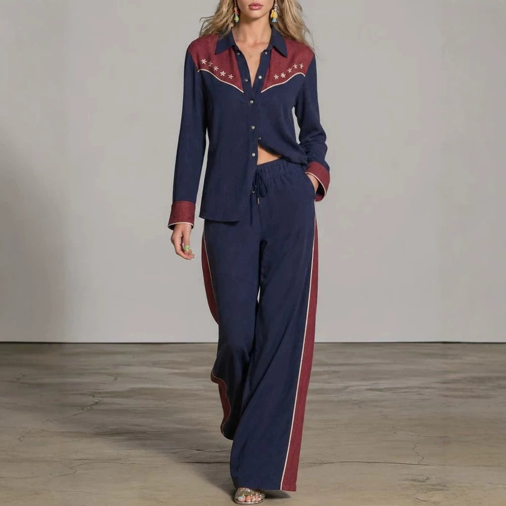Women's Western Colorblock Lapel Shirt & Wide-Leg Pants Two-Piece Set – Navy Blue | Canada & USA