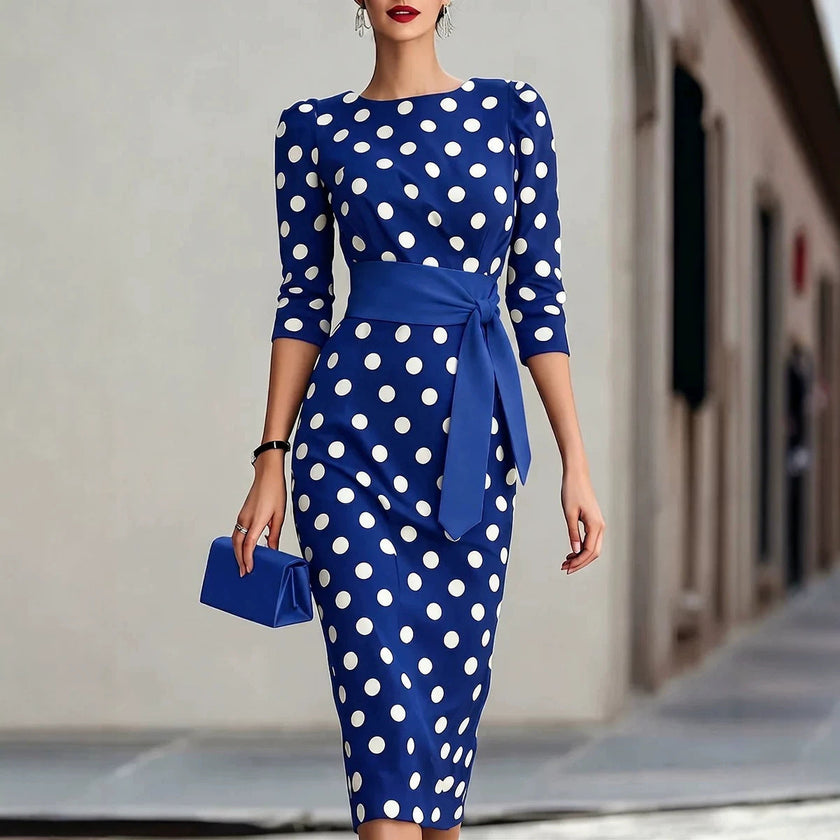 Retro Polka-Dot Belted Bodycon Dress – Elegant Knit Midi Dress for Women Canada