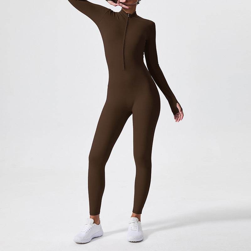 Athleisure Bodycon Long Sleeve Turtleneck Zip up Hip Raise Workout Yoga Jumpsuit Activewear for Women