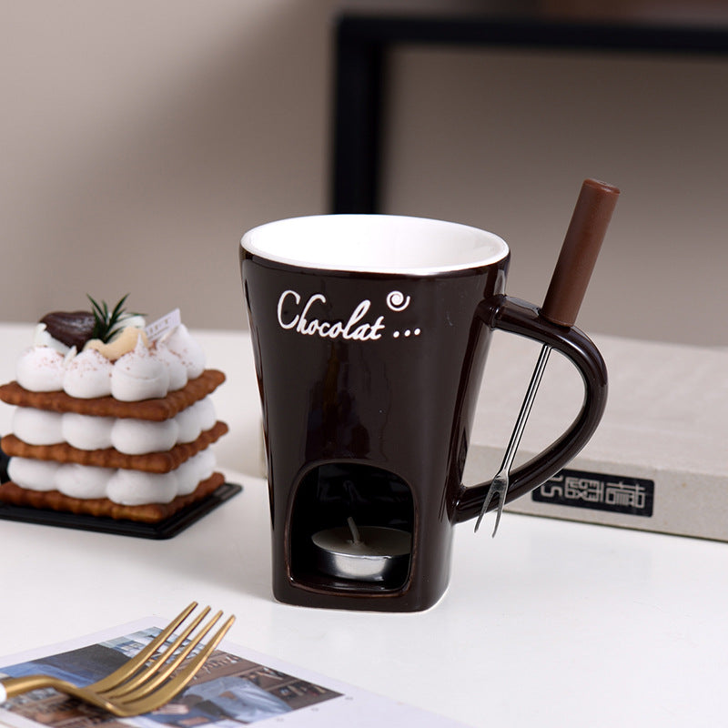 Mini Fondue Mug Set – Personal Ceramic Chocolate & Cheese Melting Pot with Fork (Beige, Coffee & Red)