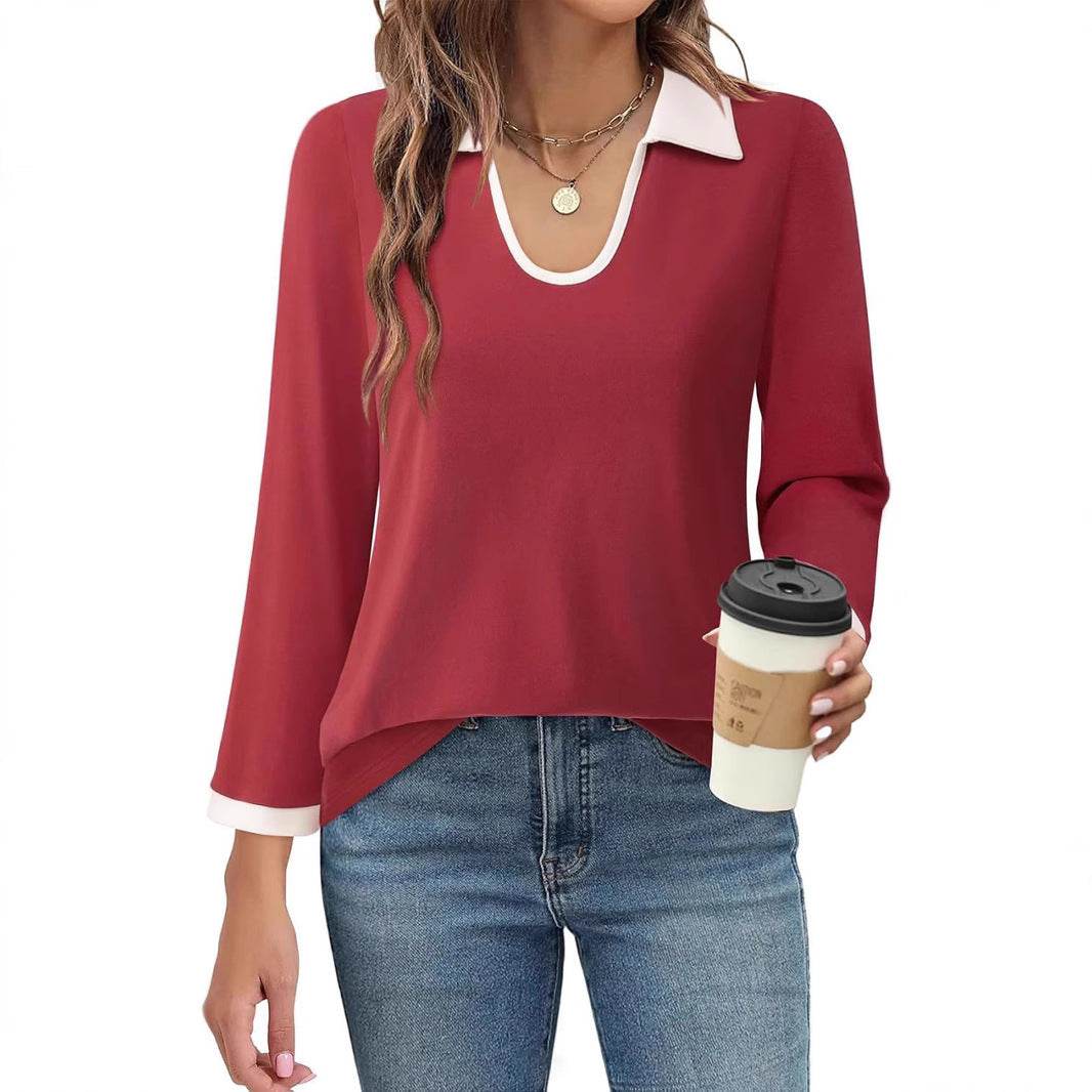 Casual Color Matching Lapel Long Sleeve Blouse Top Women