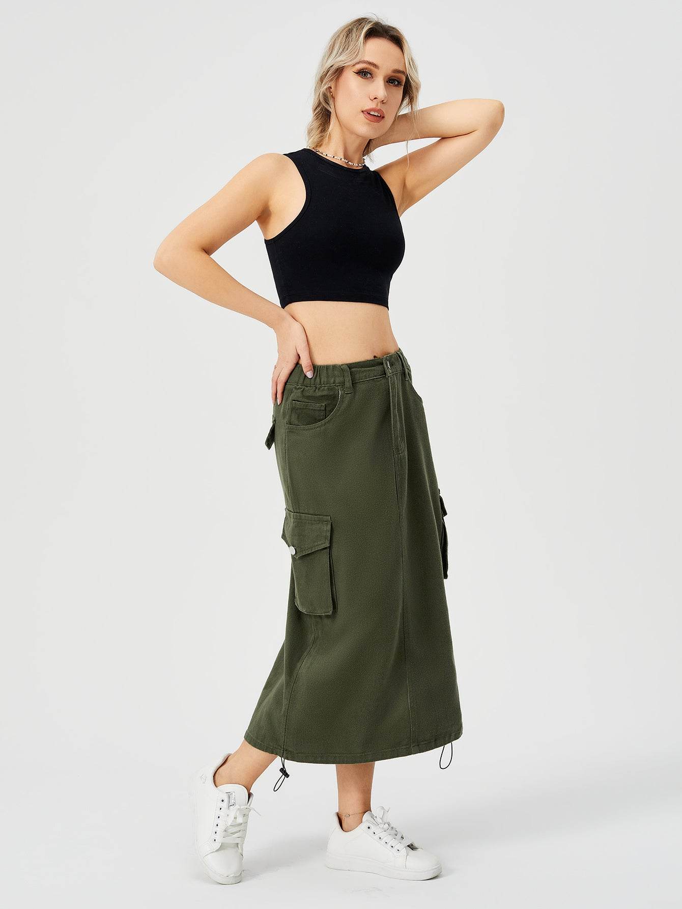 Women Casual Street wear High waisted Pencil Midi Cargo Skirt